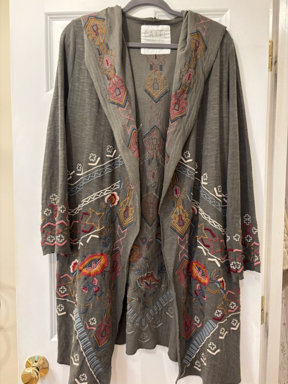 CAITE; Olive Embroidered Hooded Cardigan Sweater
